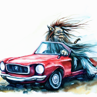 bigfoot driving a ford mustang